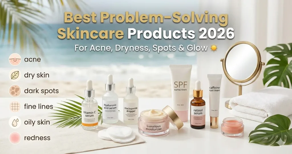 Best Problem Solving Skincare Products 2026 Add smaller subtitle: “For Acne, Dryness, Spots & Glow ✨” Size: 1200 × 628 px Style: premium beauty blog thumbnail, modern, clean, feminine, high CTR