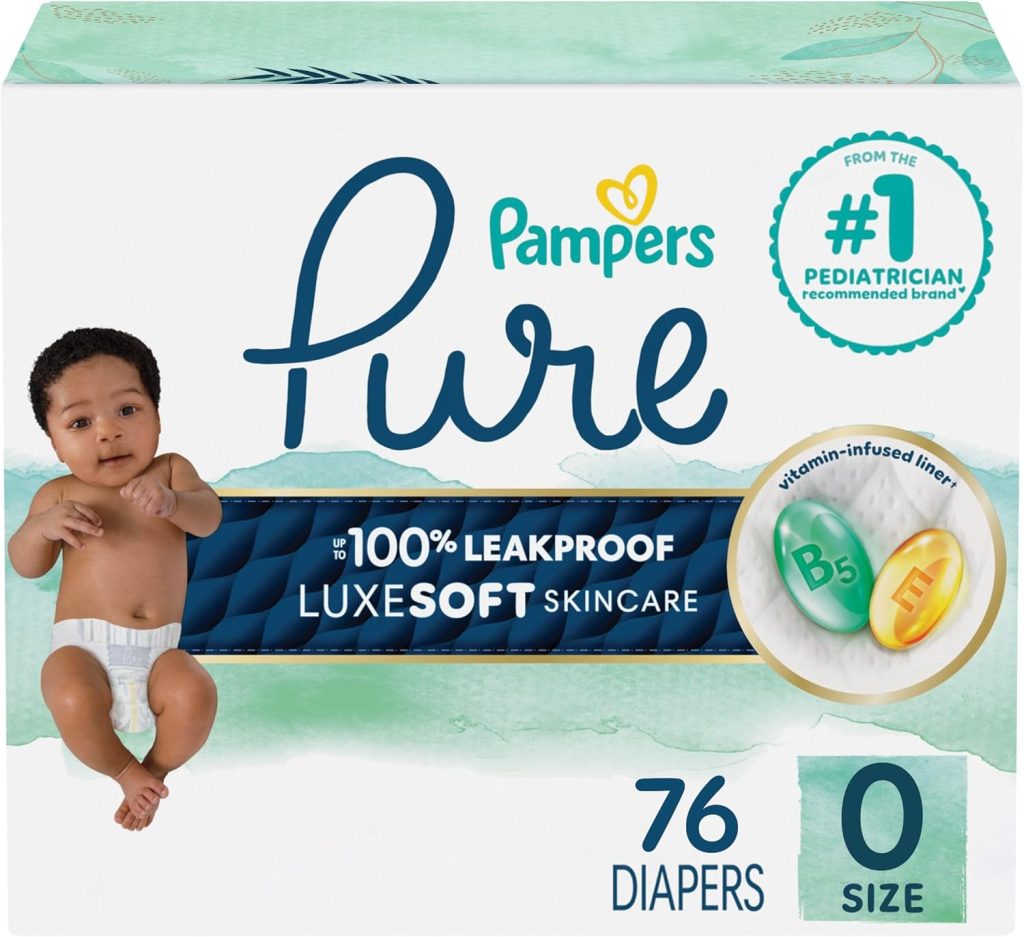 Baby Essentials for Every New ParentsPampers Pure Baby Diapers, Size 0 (>10 lbs), 76, Up to 100% Leakproof, Premium Hypoallergenic Soft Diapers