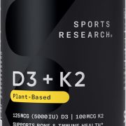 Sports Research® Vegan Vitamin D3 + K2 w/Coconut Oil, 60 Count Plantgels™ | Plant-Based Vitamin D 5000iu/125mcg & Soy-Free Vitamin K 100mcg for Bone & Immune Support - Vegan Certified · Non-GMO